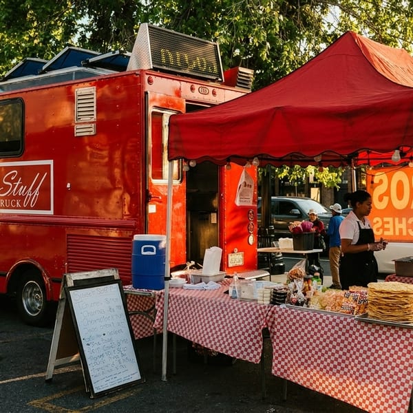 A red "Sweet Stuff Truck" food truck and a red tent with people selling food.
