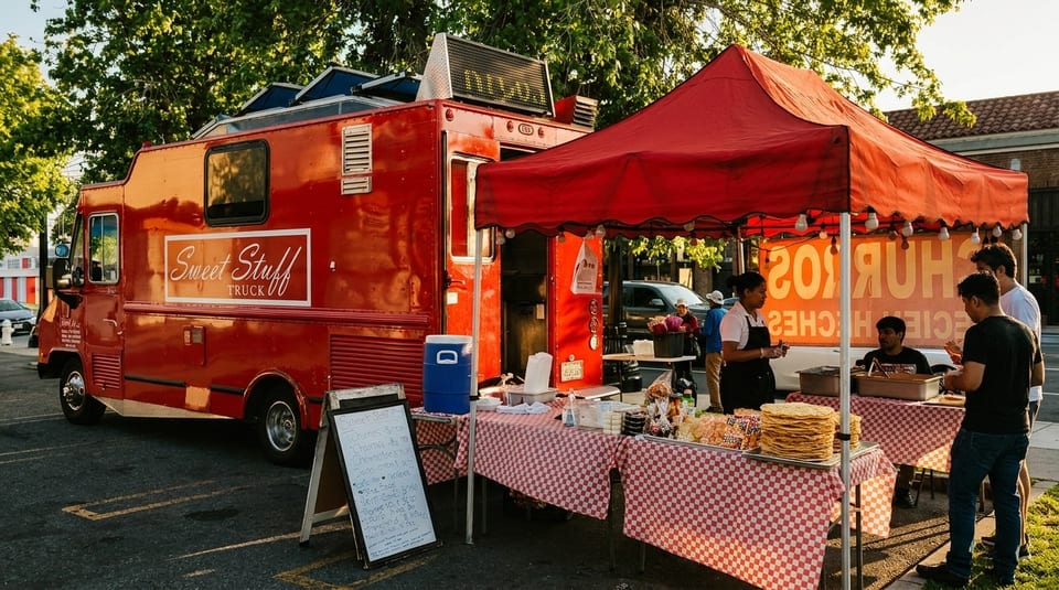 A red "Sweet Stuff Truck" food truck and a red tent with people selling food.