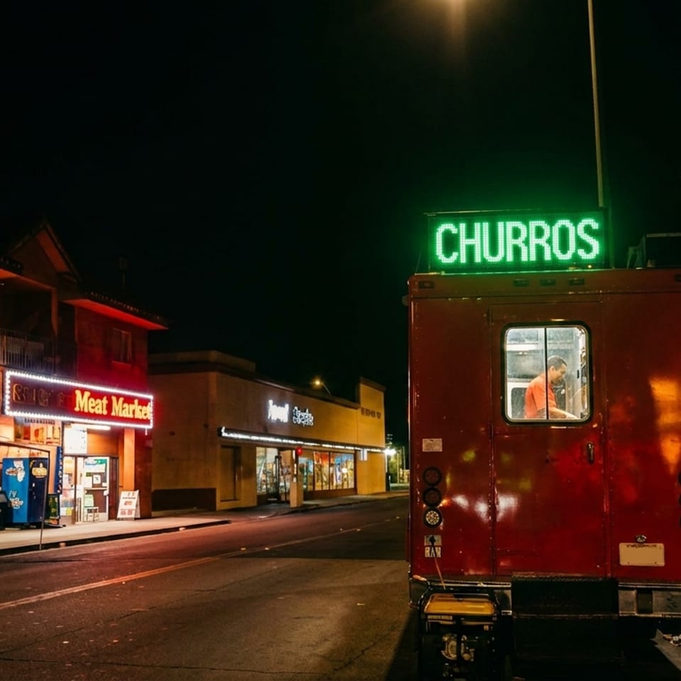 A red churro food truck with a green neon sign at night, parked on a street with people nearby.