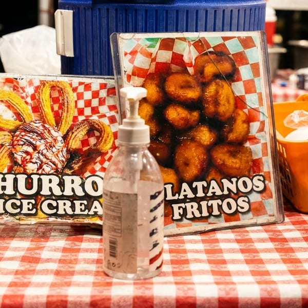 Two signs for churros and platanos fritos on a red and white checkered tablecloth.