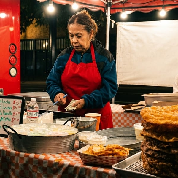 A woman in a red apron handles money at a food stall with a large stack of fried pastries.