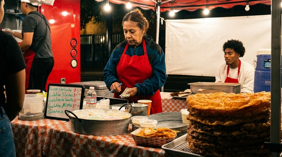 A woman in a red apron handles money at a food stall with a large stack of fried pastries.