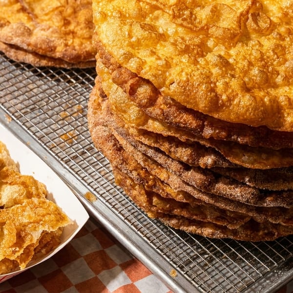A stack of golden fried dough pastries on a cooling rack next to a boat of fried dough pieces.