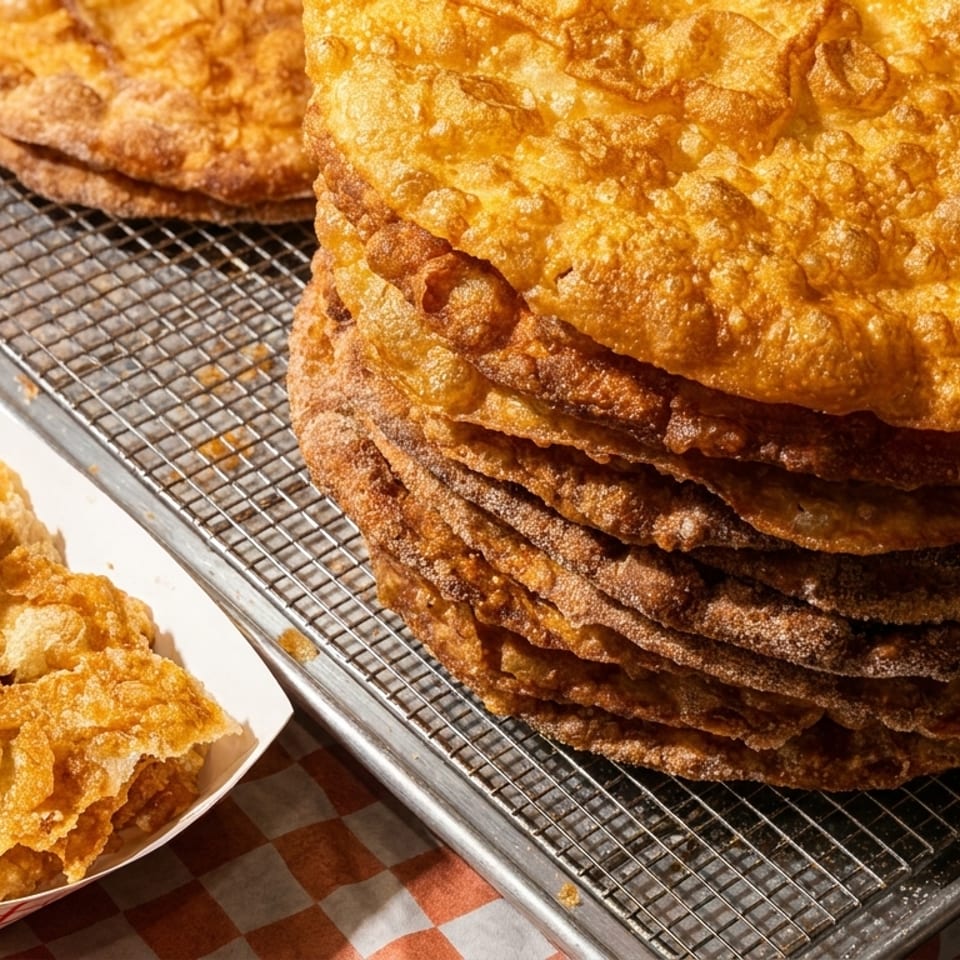 A stack of golden fried dough pastries on a cooling rack next to a boat of fried dough pieces.