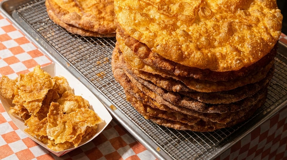 A stack of golden fried dough pastries on a cooling rack next to a boat of fried dough pieces.