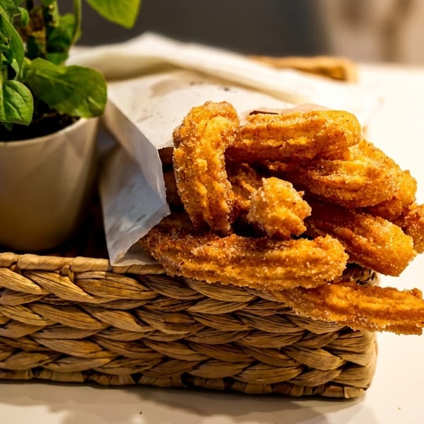 Golden churros in a paper bag, nestled in a woven basket with a small potted plant.