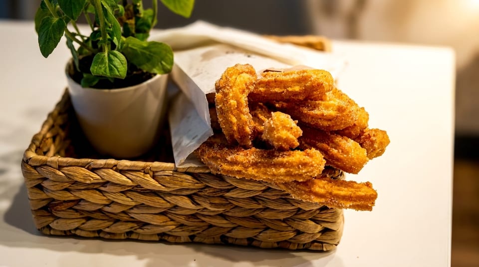 Golden churros in a paper bag, nestled in a woven basket with a small potted plant.