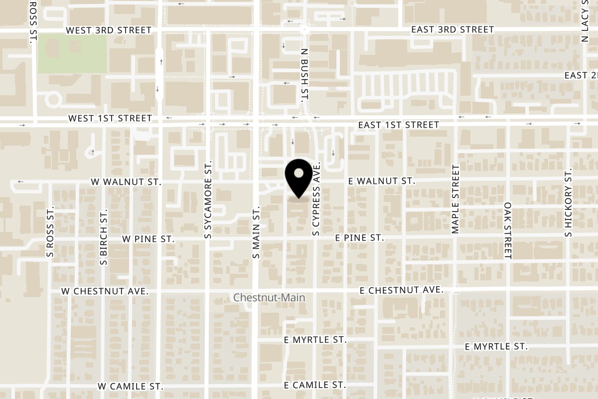 Map showing the location of Churros SweetStuffTruck on 112 E Walnut St in Santa Ana
